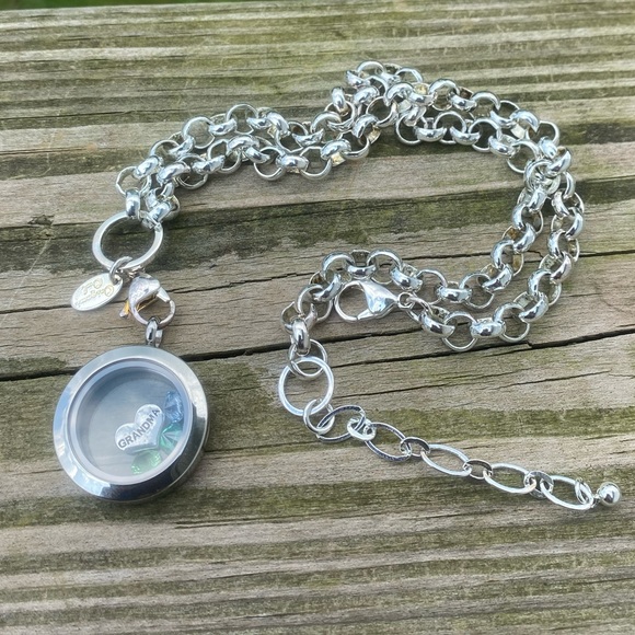 Origami Owl Floating Locket necklace Rolo chain Grandma heart rhinestone charms - Picture 8 of 11